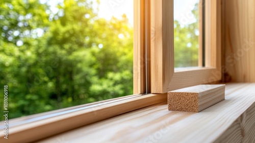Sunlight illuminates a wooden window frame, highlighting a smooth piece of wood resting on the sill while lush greenery is visible outside in the tranquil scene