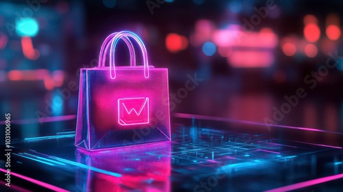 A glowing neon shopping bag with a logo on a digital platform with blue and pink lighting. photo