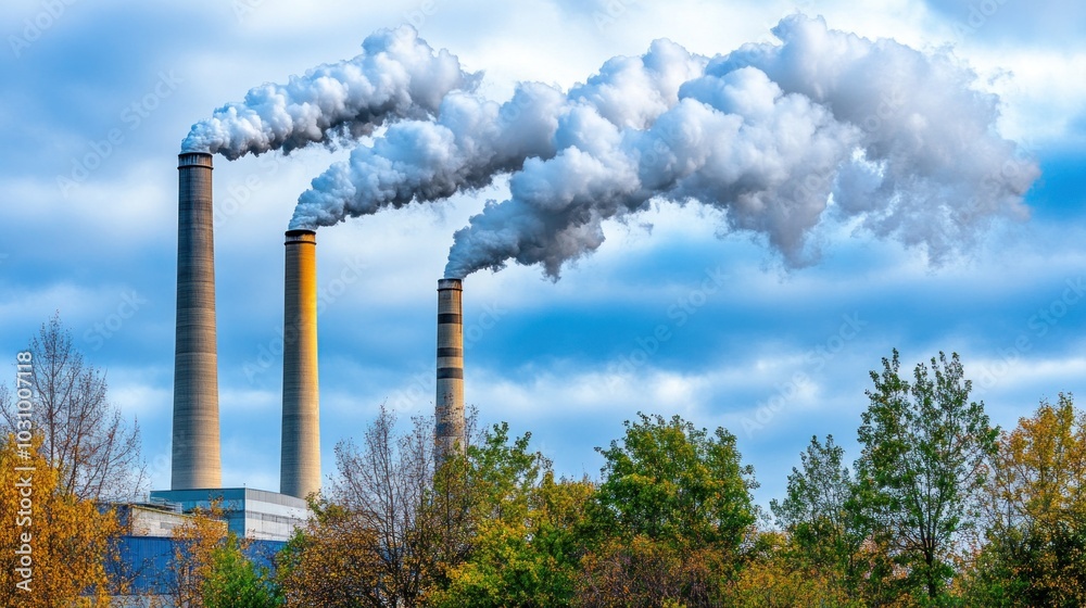 A power plant with tall smokestacks releases thick smoke into the sky, contrasting against the backdrop of cloudy weather and vibrant autumn foliage nearby A power plant with tall smokestacks releases thick smoke into the sky, contrasting against the backdrop of cloudy weather and vibrant autumn foliage nearby