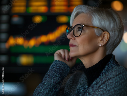 Senior Female Trader or Broker Engaged in Stock Market Analysis with a Thoughtful Expression. Business and Trading Concept. Image Generated by AI.