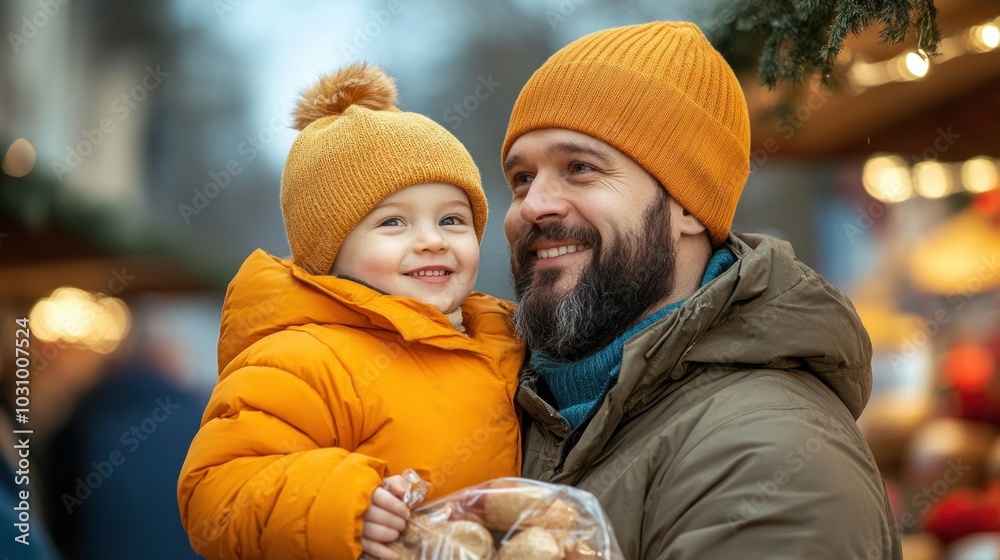 Obraz premium A father holds his smiling son, both dressed in cheerful orange winter clothing, as they enjoy treats at a bustling winter market filled with warm lights and delicious aromas