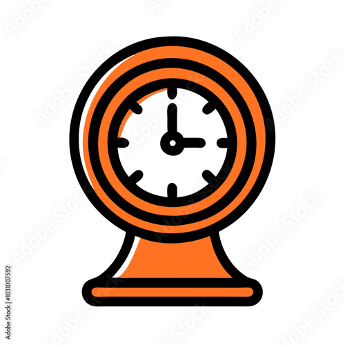 Minimalist orange desk clock with black outline, depicted in a simple and bright design, vector