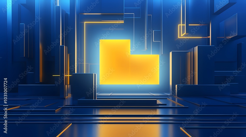 Fototapeta premium 3d rendering of blue and yellow abstract geometric background. Scene for advertising, technology, showcase, banner, game, sport, cosmetic, business, metaverse. Sci-Fi Illustration. Product display