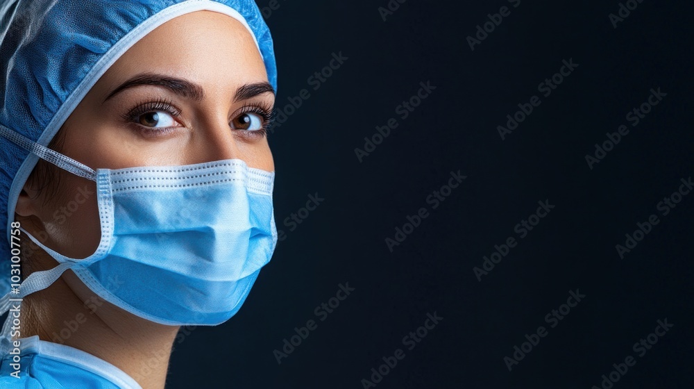 A dedicated healthcare worker stands with resolve, wearing a blue surgical mask and cap, highlighting her commitment to patient care in a clinical setting A dedicated healthcare worker stands with resolve, wearing a blue surgical mask and cap, highlighting her commitment to patient care in a clinical setting