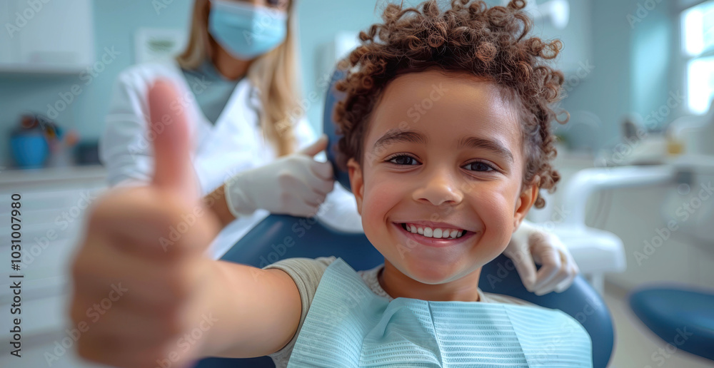 Smiling boy in a dental chair giving a thumbs up, with a dentist in the background, indicating a positive dental experience. Smiling boy in a dental chair giving a thumbs up, with a dentist in the background, indicating a positive dental experience.