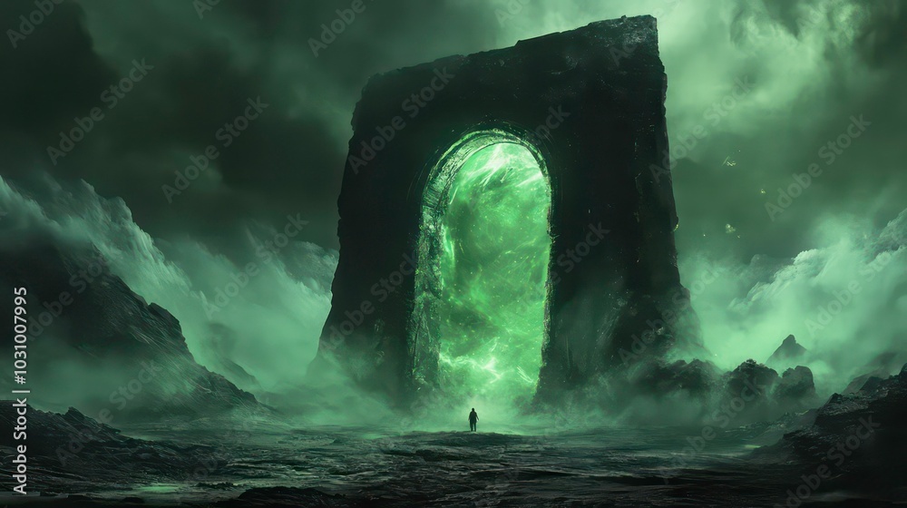 A lone figure stands before a glowing green portal in a desolate landscape. A lone figure stands before a glowing green portal in a desolate landscape.