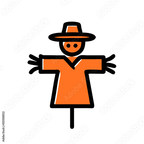 Minimalist vector of an orange scarecrow with a hat on white background.