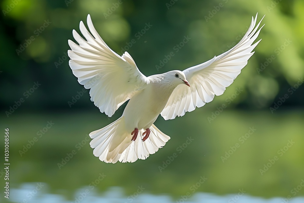 Fototapeta premium White dove in flight over calm green background 