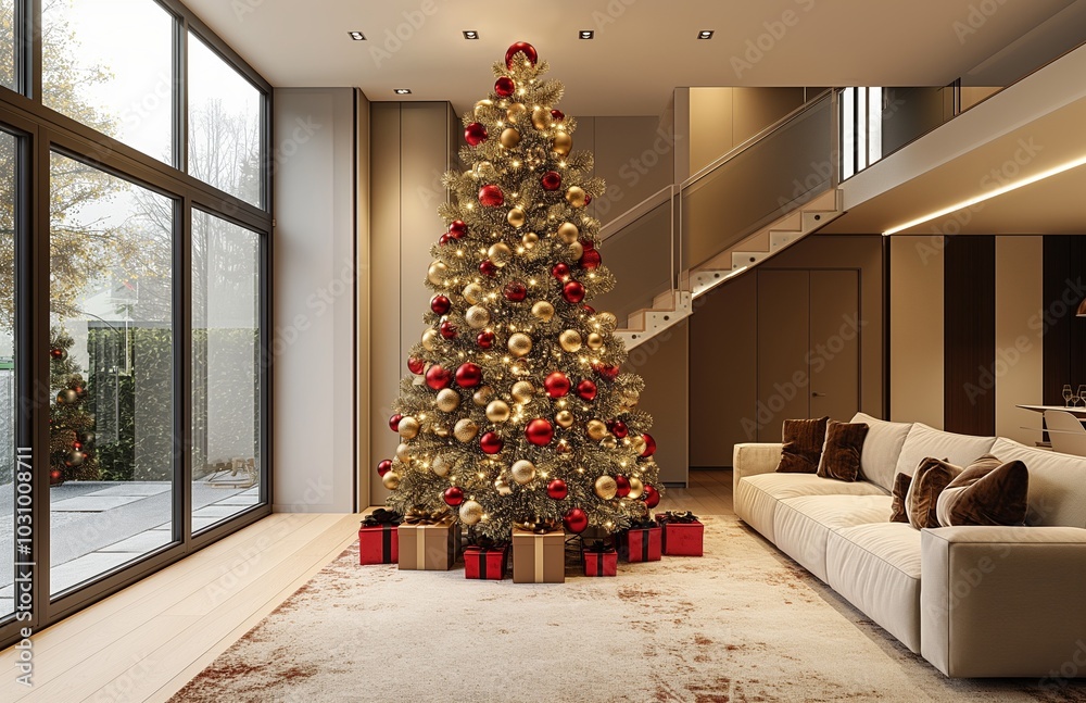 Beautifully decorated Christmas tree in modern living room Beautifully decorated Christmas tree in modern living room