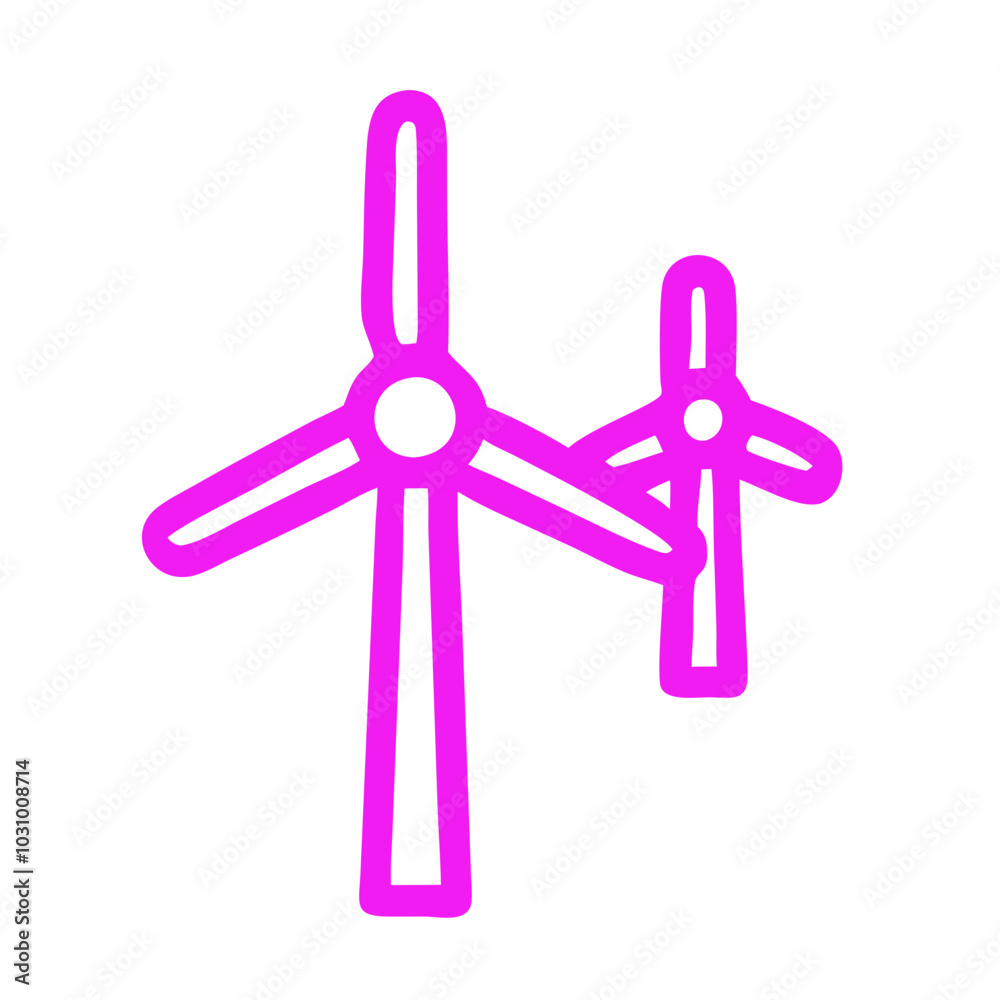 Schematic vector illustration of a windmill in magenta outline, one line, eco-friendly theme Schematic vector illustration of a windmill in magenta outline, one line, eco-friendly theme