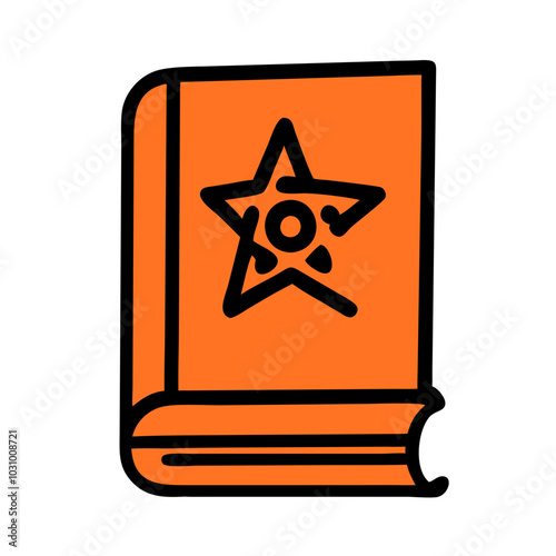 Minimalist orange book with black outline, decorated with a star on the cover, vector