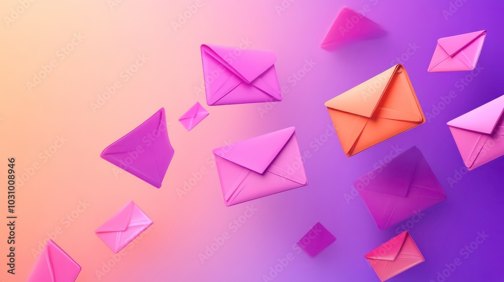 A vibrant abstract image of multiple pink and orange envelopes flying through the air on a colorful gradient background. A vibrant abstract image of multiple pink and orange envelopes flying through the air on a colorful gradient background.