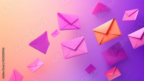 A vibrant abstract image of multiple pink and orange envelopes flying through the air on a colorful gradient background.