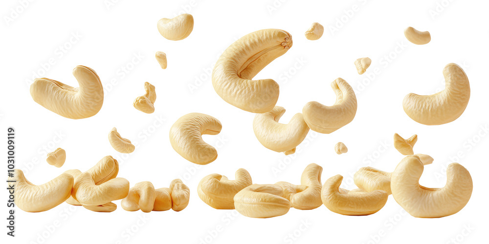 Falling cashew group isolated Png, transparent without background.