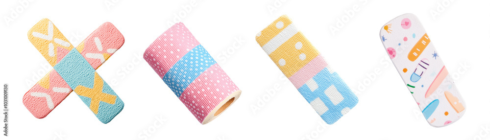 Cute colored baby Medical Sticking plaster set isolated Png, transparent without background. Cute colored baby Medical Sticking plaster set isolated Png, transparent without background.