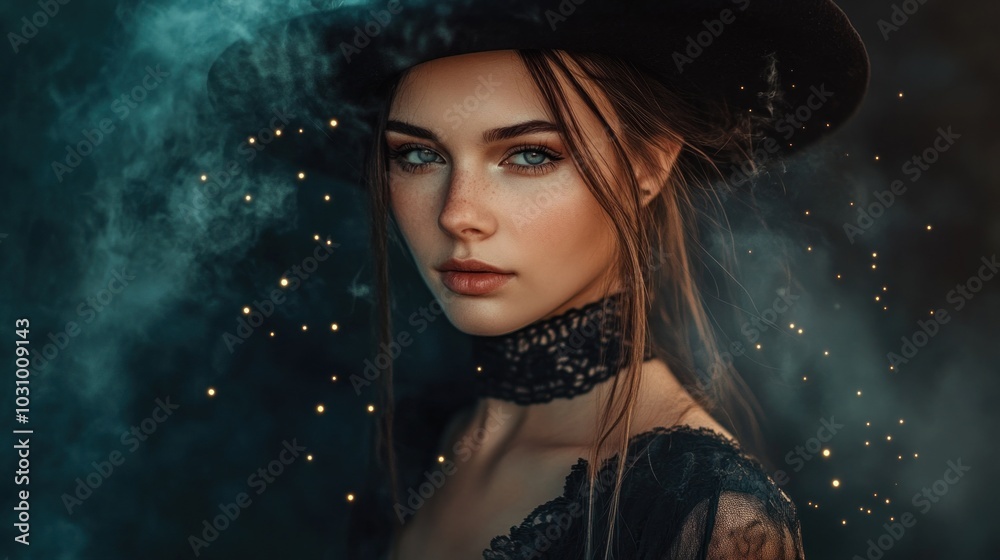 A woman dressed in a witch outfit gazes intently with captivating blue eyes. Surrounded by swirling green smoke and glowing particles, the atmosphere enchants viewers with a mystical vibe A woman dressed in a witch outfit gazes intently with captivating blue eyes. Surrounded by swirling green smoke and glowing particles, the atmosphere enchants viewers with a mystical vibe