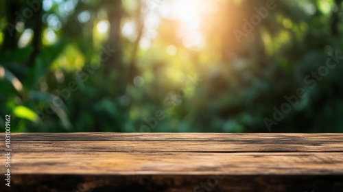 A weathered wooden table sits in a tranquil forest, bathed in the warm glow of sunset, with vibrant green foliage creating a serene backdrop for reflection