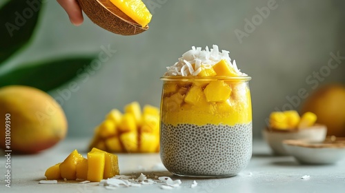 A hand scoops mango pieces over a chia pudding dessert in a mason jar with coconut flakes and a side of mango slices.