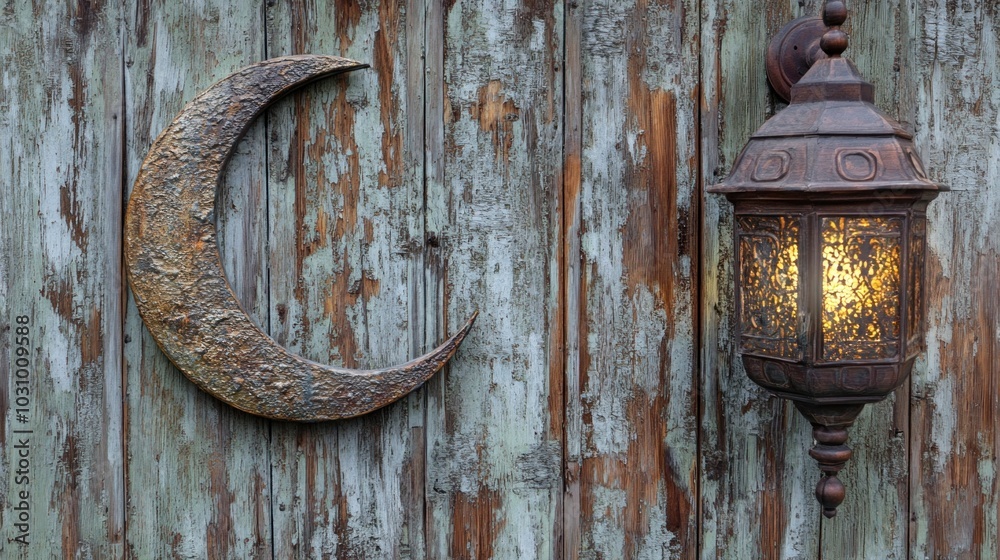 A weathered wooden wall features a beautifully crafted crescent moon alongside a vintage lantern that emits a warm glow as evening falls, adding a charming touch to the setting