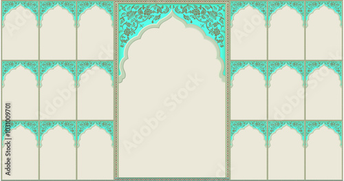 Set of windows, Beautiful Arch small and Big Design with Indian Rajasthani fort and Culture. Wedding Backdrop. Abstract Indian floral design, Persian carpet, tribal texture, Vector file.