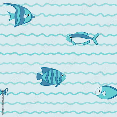 A baby wallpaper with cute sea fishes swimming in light blue waves, drawn in kids art style. Perfect for a playful and soothing ocean-themed nursery design.