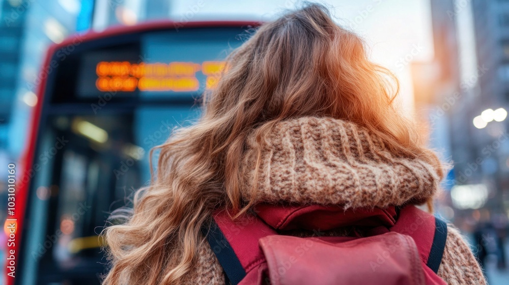 The woman stands with her back to the camera, wearing a cozy sweater and a backpack, as urban tall buildings create a lively backdrop during sunset The woman stands with her back to the camera, wearing a cozy sweater and a backpack, as urban tall buildings create a lively backdrop during sunset