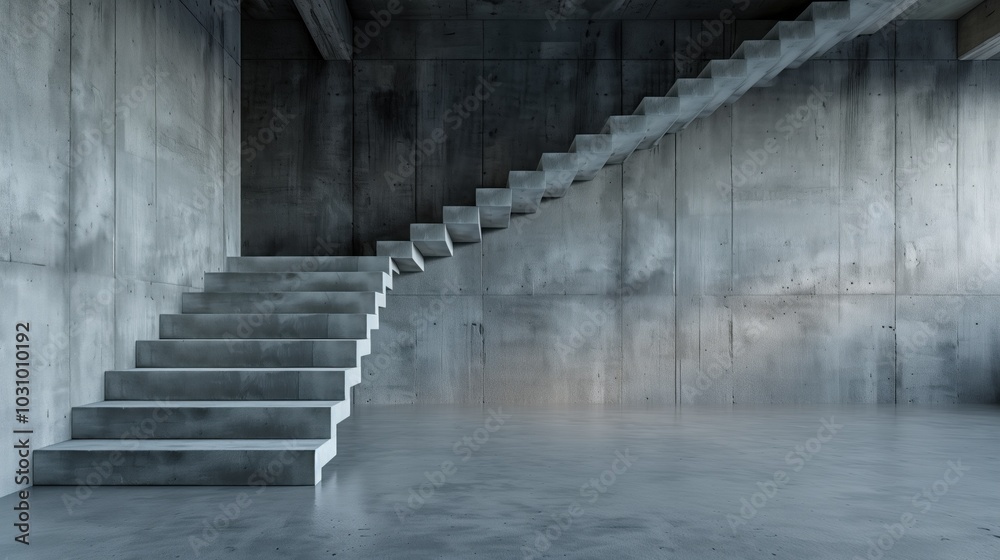 Obraz premium A striking concrete staircase weaves through a spacious industrial interior, showcasing a minimalist design with clean lines and a sleek finish, highlighting the raw beauty of the space