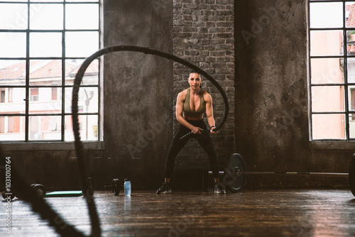 Image of a fit young woman training and working out in a industrial styled old gym. Female athlete using gym equipment as ropes, barbells and weights. photo