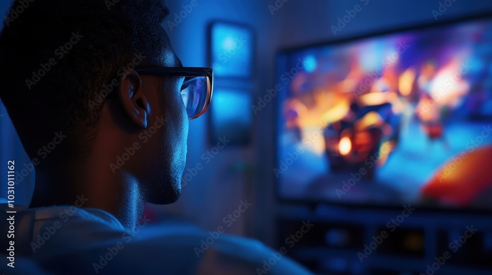 Man wearing glasses watches a vibrant, colorful display on a large screen in a dimly lit room bathed in blue light Man wearing glasses watches a vibrant, colorful display on a large screen in a dimly lit room bathed in blue light