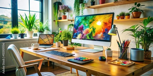 Inspiring Digital Artist Desk Setup with Modern Tools, Creative Space, and Vibrant Artwork for Productive Work photo