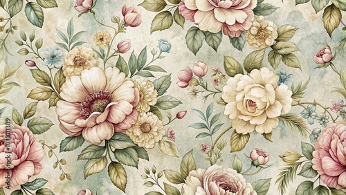 Vintage Hand Drawn Flower Pattern in Soft Pastels for Elegant Decor