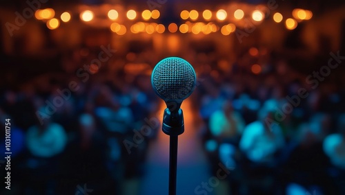 A microphone stands prominently on stage in a filled auditorium.