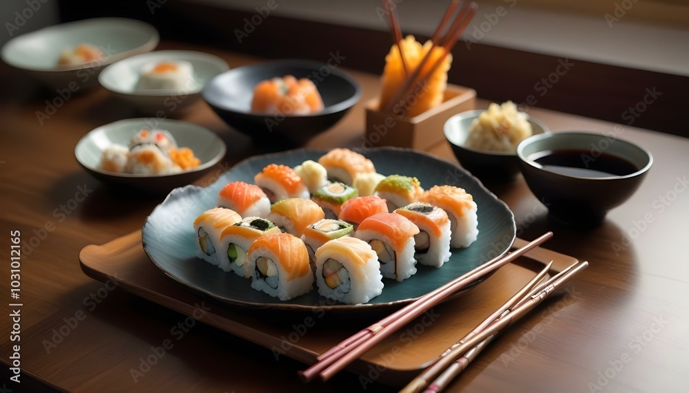 A plate filled with a variety of sushi rolls with a set of wooden chopsticks and bowl of soy sauce, placed on a simple kitchen table. A plate filled with a variety of sushi rolls with a set of wooden chopsticks and bowl of soy sauce, placed on a simple kitchen table.