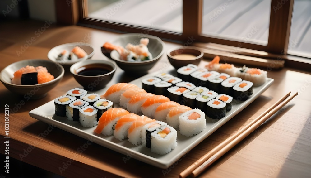 A plate filled with a variety of sushi rolls with a set of wooden chopsticks and bowl of soy sauce, placed on a simple kitchen table. A plate filled with a variety of sushi rolls with a set of wooden chopsticks and bowl of soy sauce, placed on a simple kitchen table.