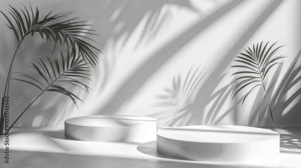 Abstract 3D white room, cylinder pedestal, palm leaf shadows, minimalist and elegant product display Abstract 3D white room, cylinder pedestal, palm leaf shadows, minimalist and elegant product display