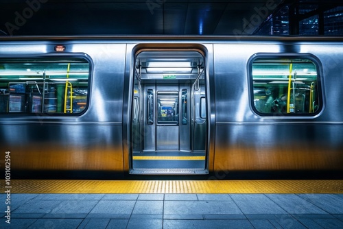 An open silver subway train door reveals the platform beyond.