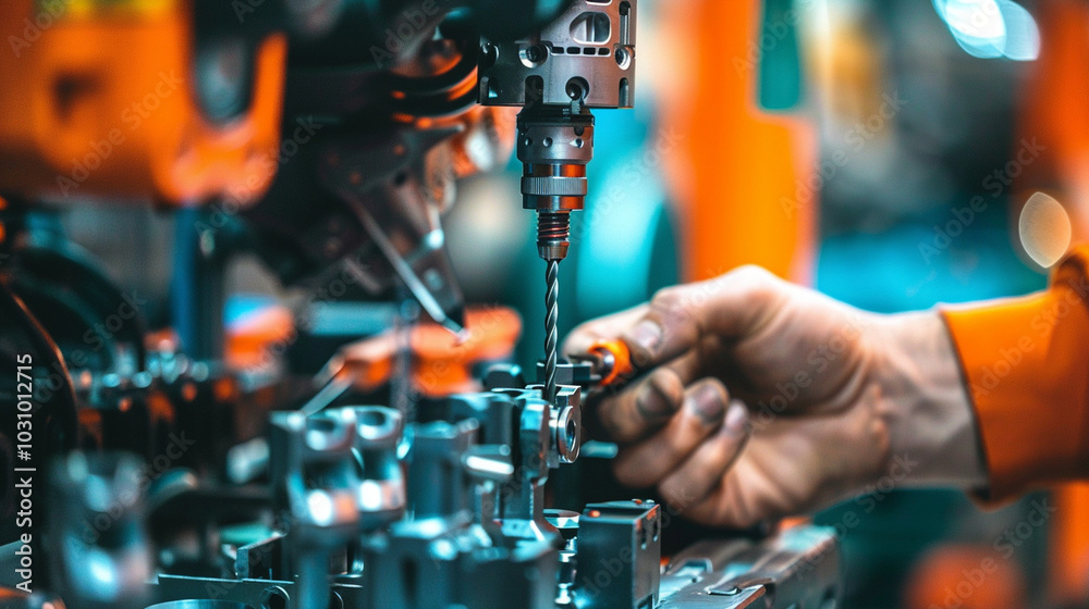 A close-up of a hand switching a drill bit on a multi-functional power tool, with a variety of attachments on display. A close-up of a hand switching a drill bit on a multi-functional power tool, with a variety of attachments on display.