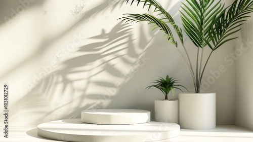 Abstract 3D white room, cylinder pedestal, palm leaf shadows, minimalist and elegant product display