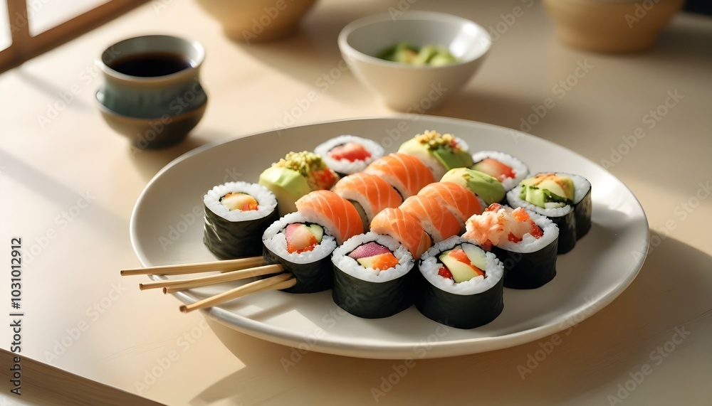 A plate filled with a variety of sushi rolls with a set of wooden chopsticks and bowl of soy sauce, placed on a simple kitchen table. A plate filled with a variety of sushi rolls with a set of wooden chopsticks and bowl of soy sauce, placed on a simple kitchen table.