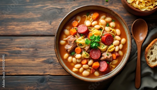 Hearty Hungarian Jókai Bean Soup (Jókai Bableves) with Sausage and Vegetables (Hungarian Cuisine) photo