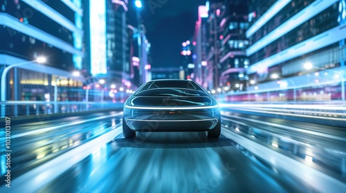 Autonomous Robotaxi navigating futuristic cityscape at night, neon lights reflecting off sleek surface, empty streets and towering buildings in the distance.