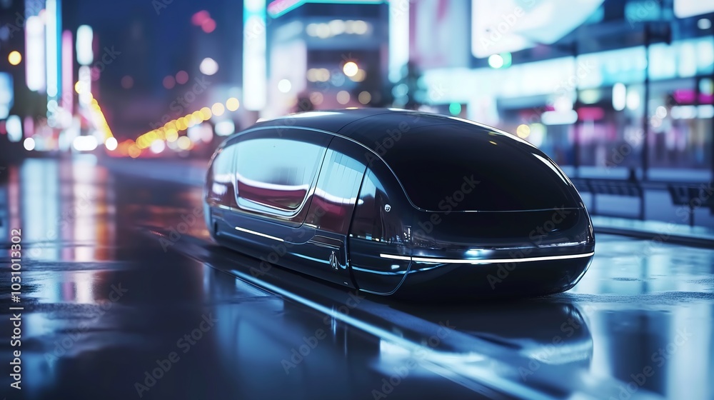 Autonomous Robotaxi navigating futuristic cityscape at night, neon lights reflecting off sleek surface, empty streets and towering buildings in the distance. Autonomous Robotaxi navigating futuristic cityscape at night, neon lights reflecting off sleek surface, empty streets and towering buildings in the distance.