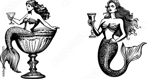 Vintage Mermaid Illustration for Tattoo and Apparel Design. Vector Sketch Featuring a Siren with Long Hair and Tail, Holding Cup.