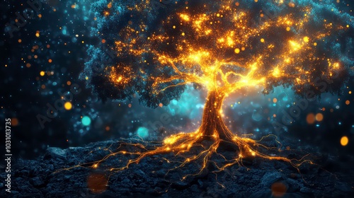 A mystical tree with glowing branches and roots, set against a dark background with blue and gold bokeh.