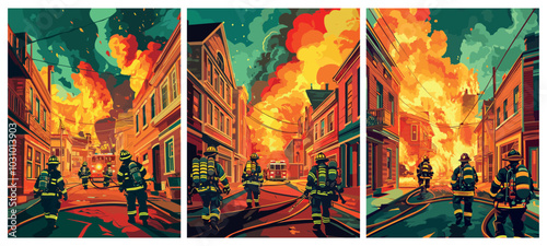Burning city posters. Firefighters group extinguishing burning buildings, fire disaster destroyed infrastructure concept, vector illustrations set