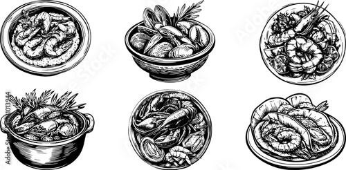 Vintage vector illustration Set of seafood on a plate. Sketch of oysters, shrimp, crab, and mussels.