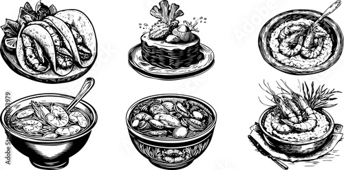 Vintage vector sketch of a seafood dish featuring soup, oysters, shrimp, mussels, and taco on a plate.