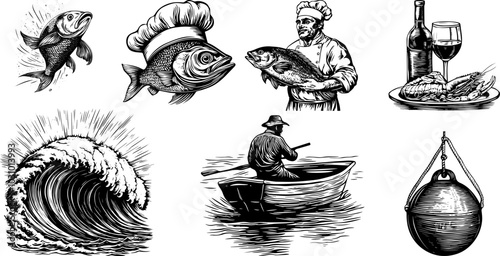 Vintage vector sketch of a chef with fish and waves on a boat. Seafood illustration featuring salmon, trout, and a buoy for a marine food menu design.