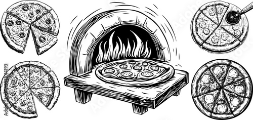 Vintage vector illustration of a pizza oven with a brick design. Sketch featuring firewood and an old stone stove for baking Italian margherita pizza.