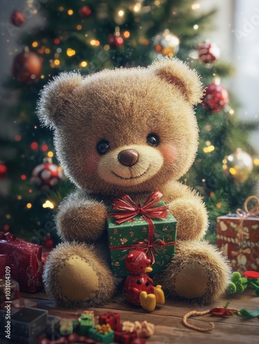 Adorable Christmas Teddy Bear Holding a Gift Box, Surrounded by Festive Decorations and Warm Holiday Lighting by the Christmas Tree, Ai Generation